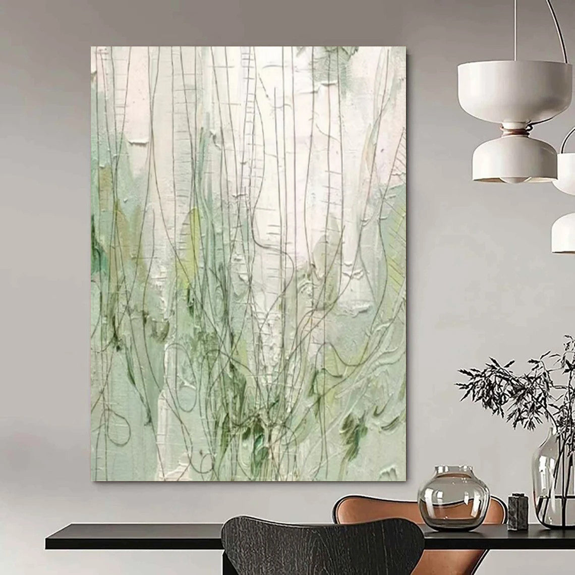 Green & White Textured Lines - Abstract Line - Art Painting On Canvas CT2280