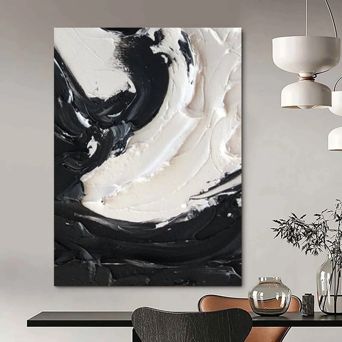 “Black, White Swirl ‘Powerful Balance’” - Impasto Abstract Painting On Canvas DTP385