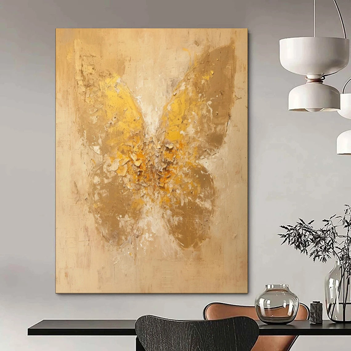 “Textured Gold Butterfly: Abstract Nature Art” - Mixed - Media Impasto on Canvas CT1899