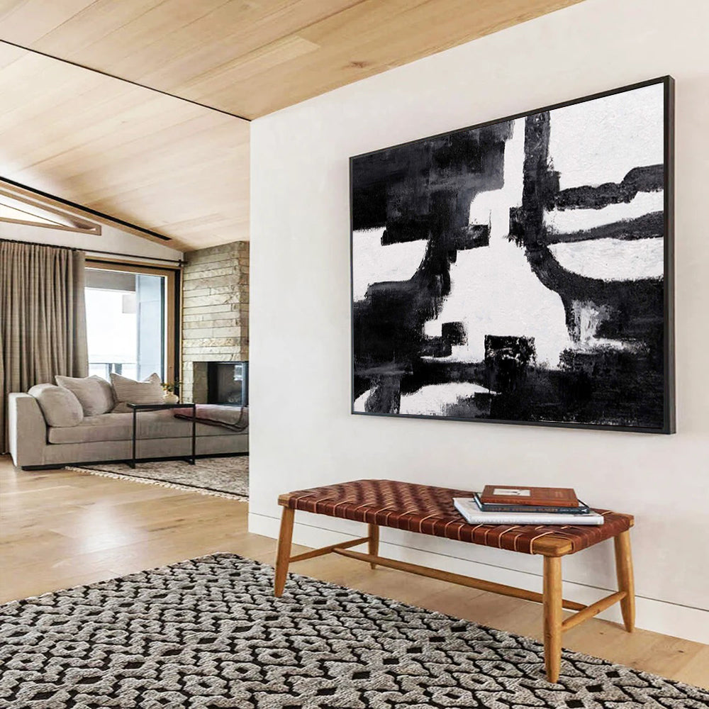 “Bold Black and White Abstract - Dynamic Shapes” Painting On Canvas DKH018