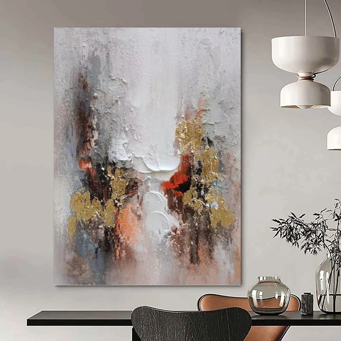 “Gilded Impasto” - Gray, Gold & Red Textured Abstract Painting On Canvas DKH1168