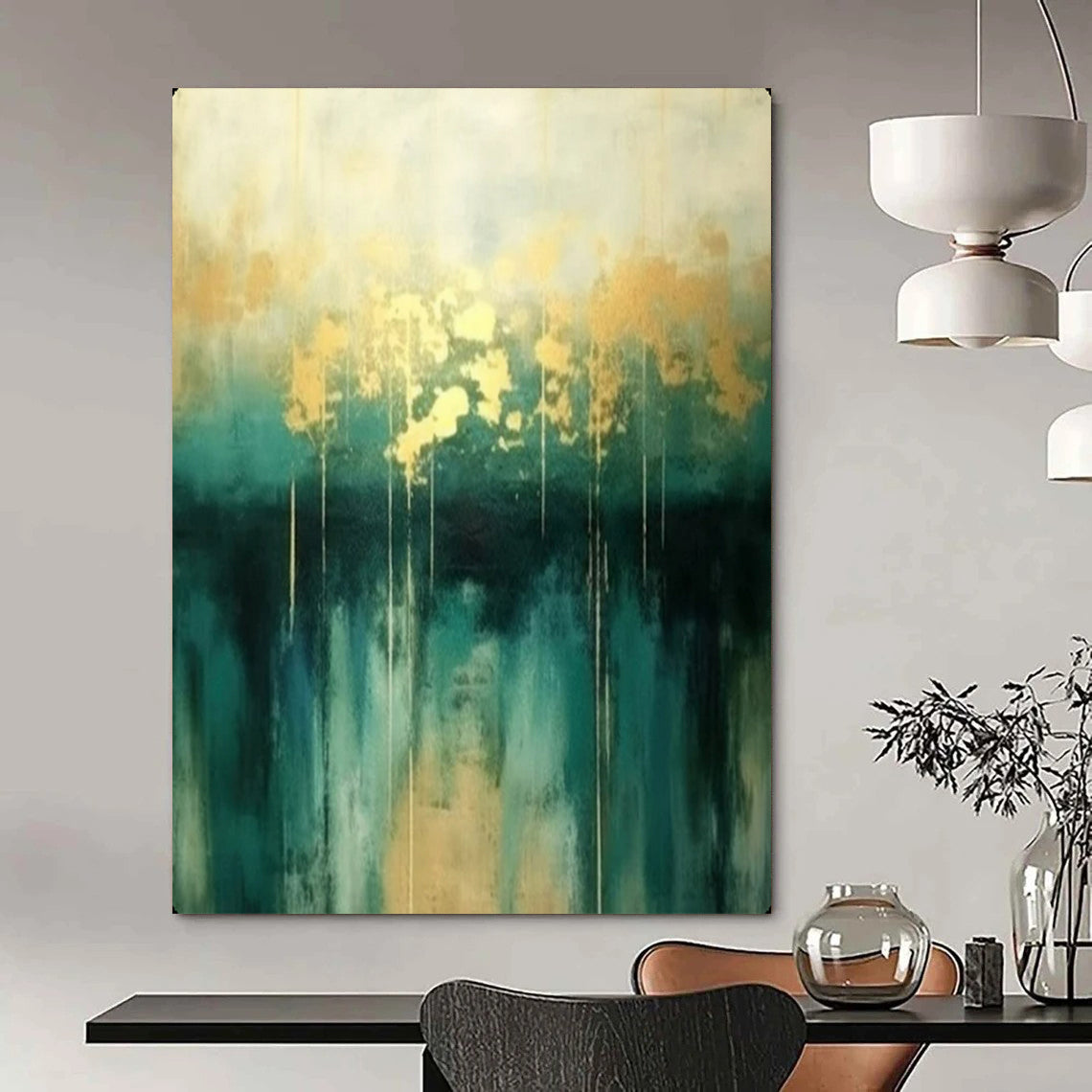 “Teal and Gold Abstract Art” – Minimalist Oil Painting On Canvas CT2168
