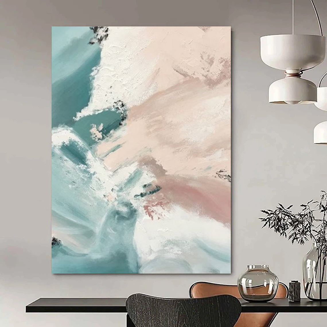 “Blush - Teal Flow” - Blush, Teal, White Fluid Shapes Painting On Canvas DTP277