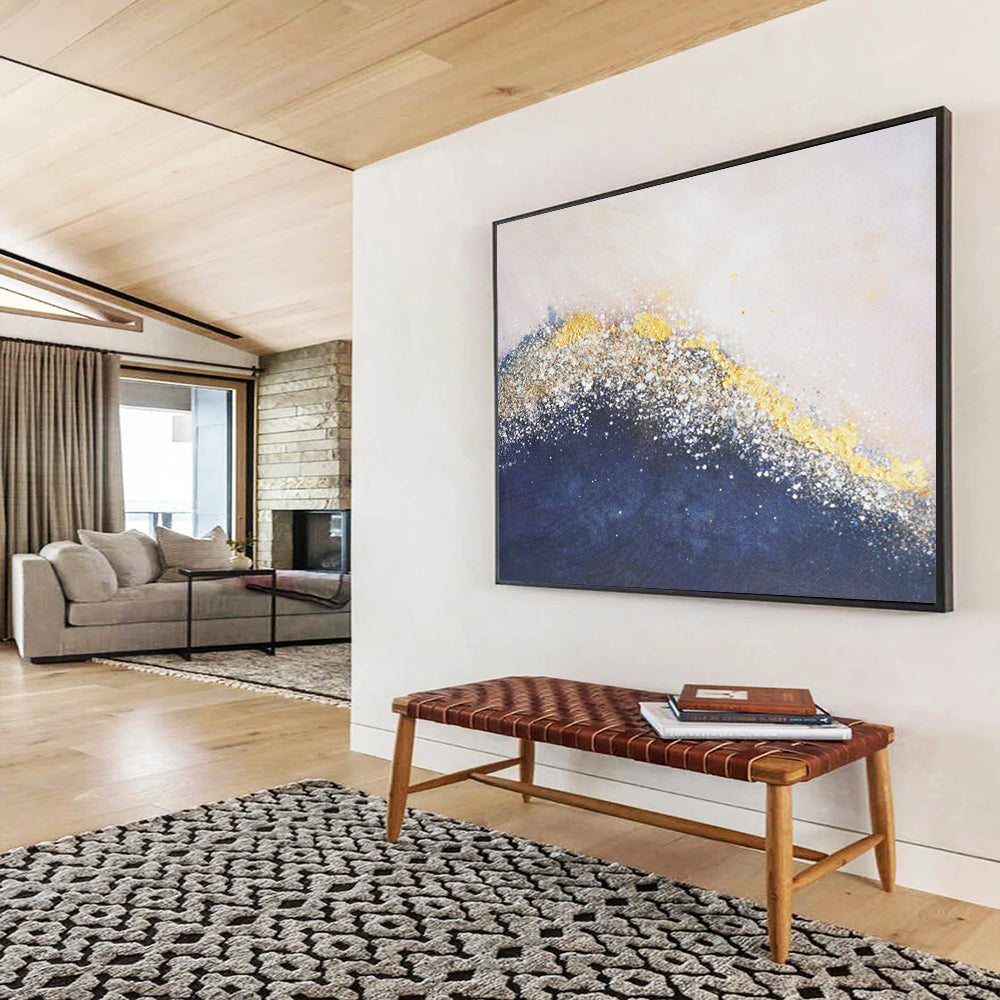 “Gilded Ocean Wave” - Navy, Gold & White Textured Abstract Painting On Canvas DLZ268