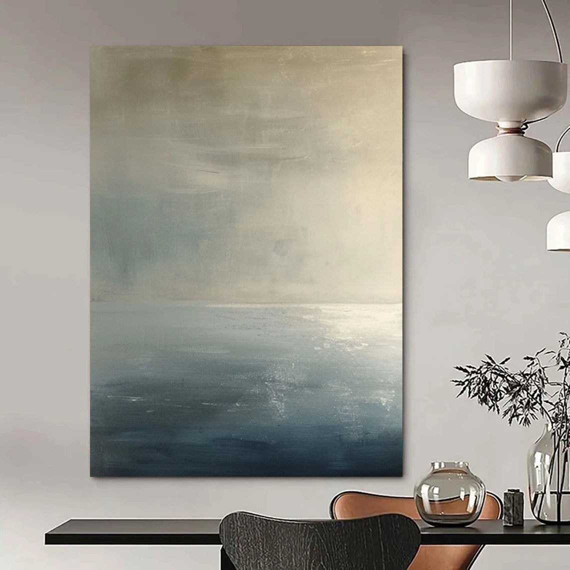 “Monochrome Abstract Horizon” - Gray, Blue, White Calm Layers Painting On Canvas DTP299