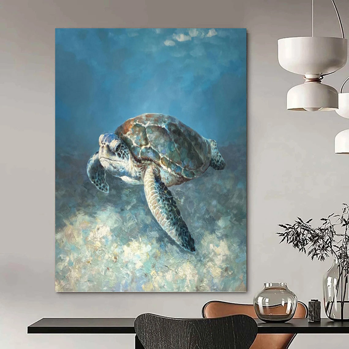 Realistic Sea Turtle in Blue Waters - Wildlife Painting On Canvas DKH1443