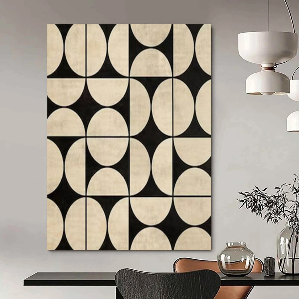 “Symmetrical Black - Beige Circles” – Abstract Geometric Pattern Painting CT1082