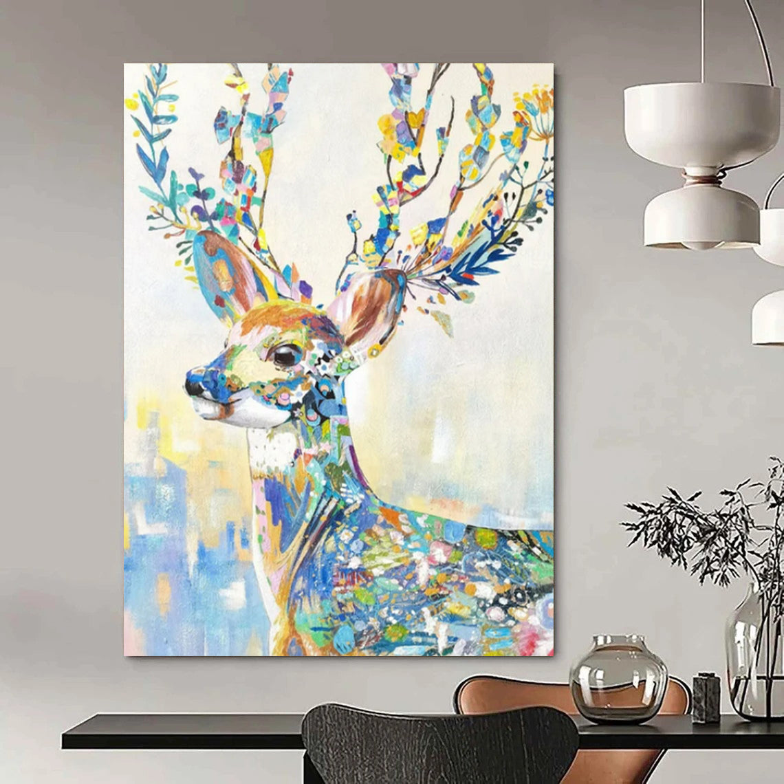 “Colorful Floral Deer” - Colorful Whimsical Animal Painting On Canvas CT2209