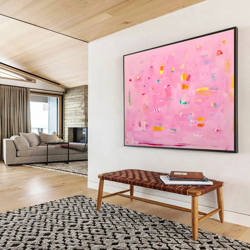 Pink Abstract with Colorful Accents - Playful Shapes and Soft Hues Painting On Canvas DKH051