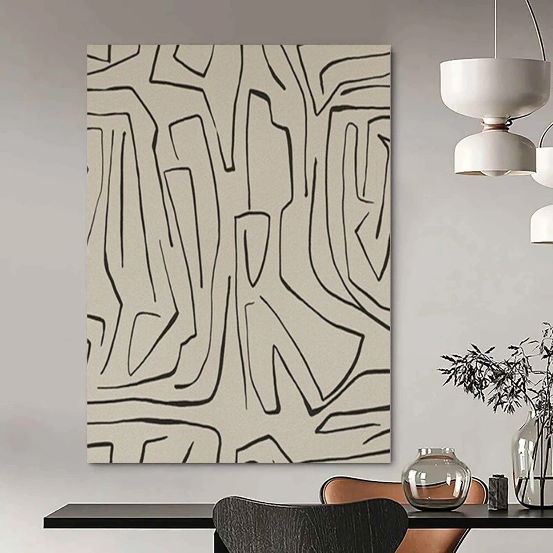“Beige - Black Linear Abstraction” – Linear Abstract Painting CT1139