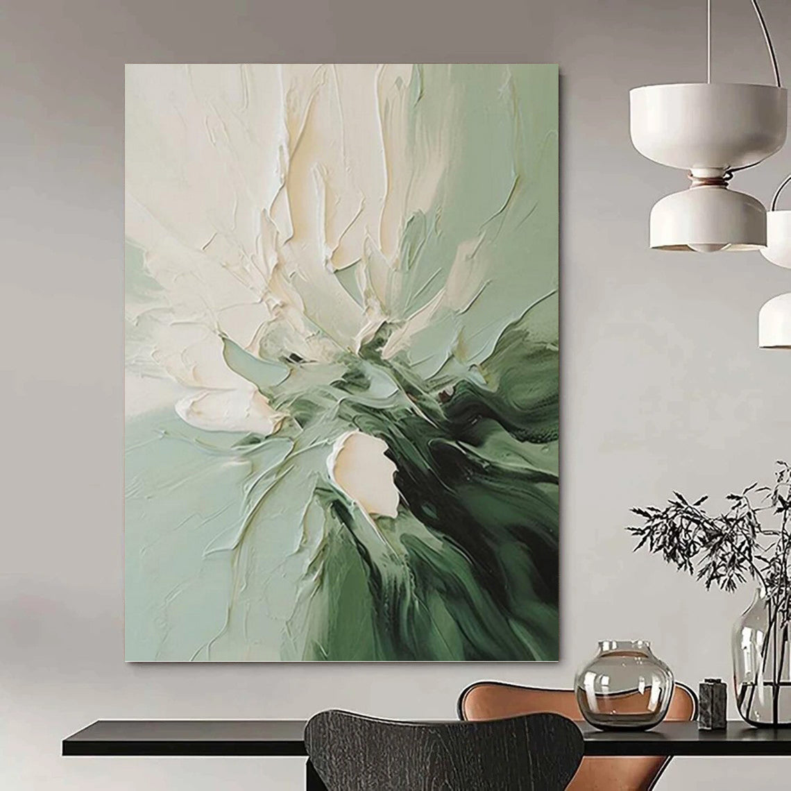 “Green & White Floral Impasto” - Green & White Textured Flower Painting On Canvas DKH1185