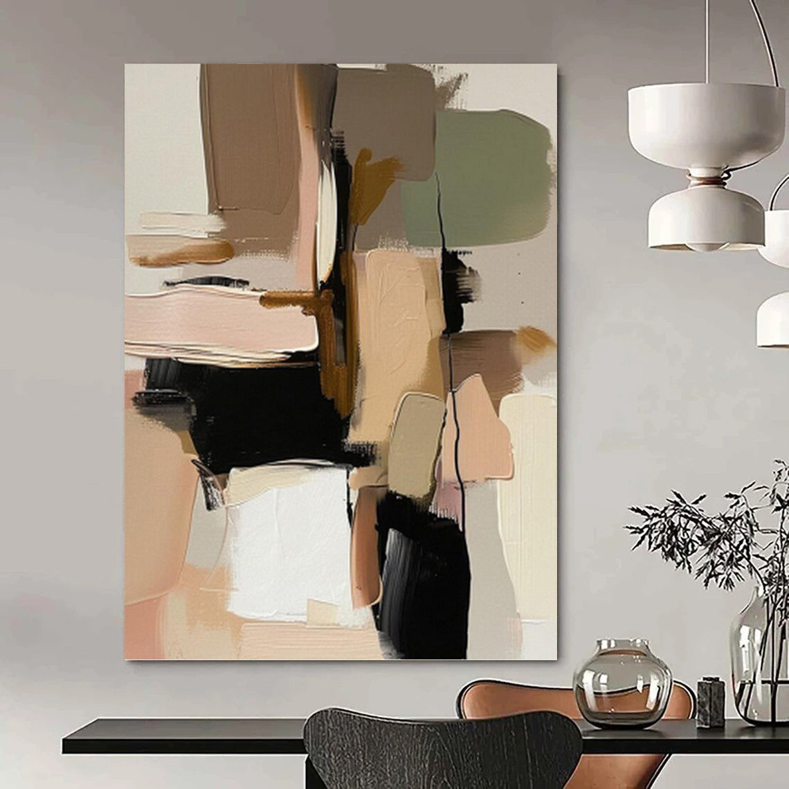 Earth Tones & Black Shapes - Abstract Geometric Painting On Canvas DKH1240