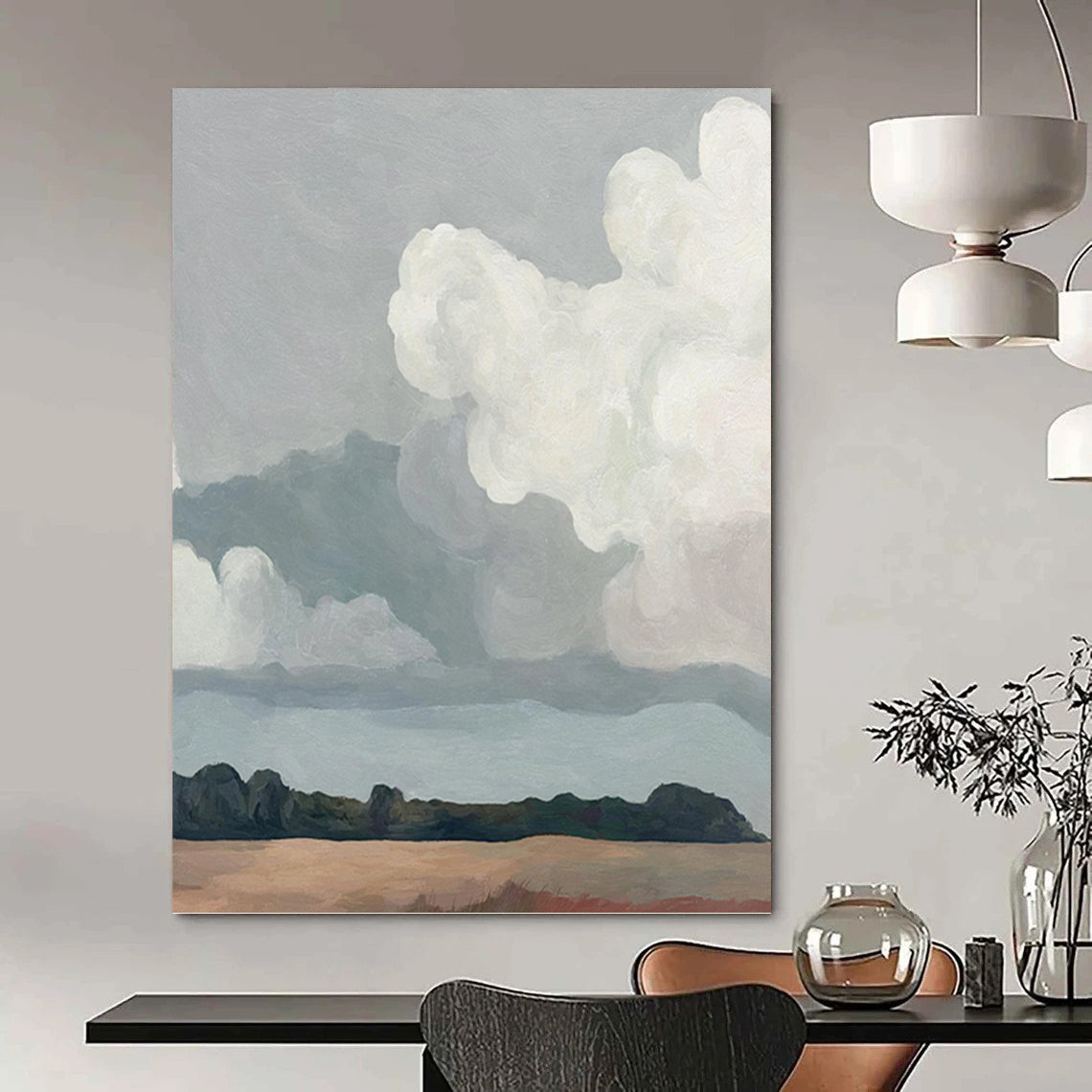 Minimalist Clouds Over Landscape - Landscape Painting On Canvas DKH1430