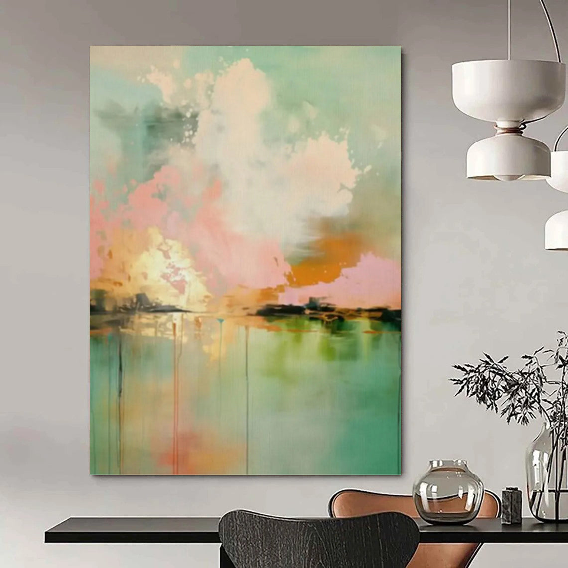 “Teal, Pink & Orange Abstract Sky Reflection” Painting On Canvas DKH0994