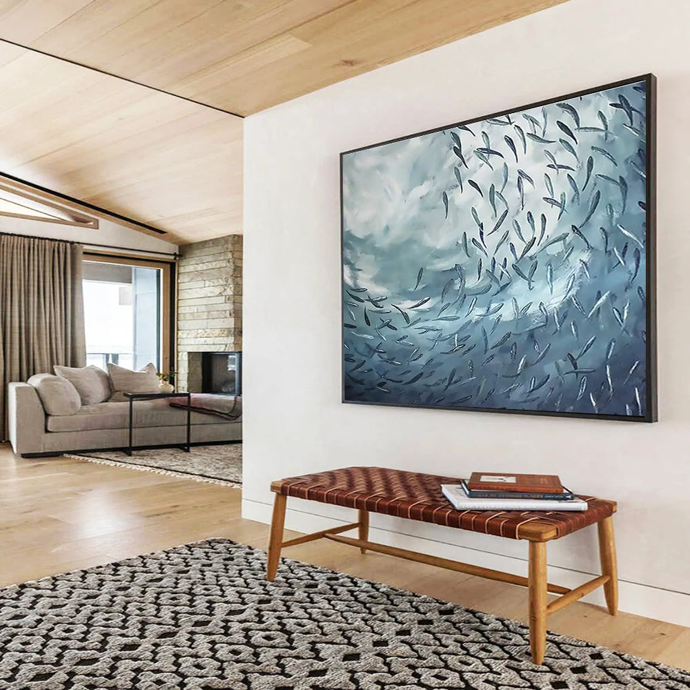 “School of Fish in Blue Depths” - Expressive Marine Painting On Canvas DKH792