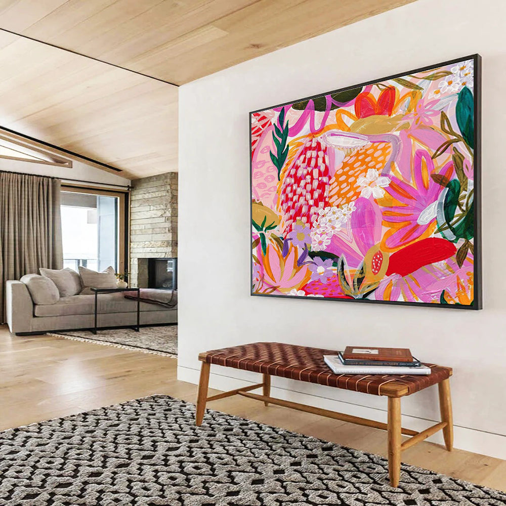 “Tropical Floral Fiesta” - Pink, Purple, Orange Exotic Floral Folk - Art Inspired Painting On Canvas DKH708