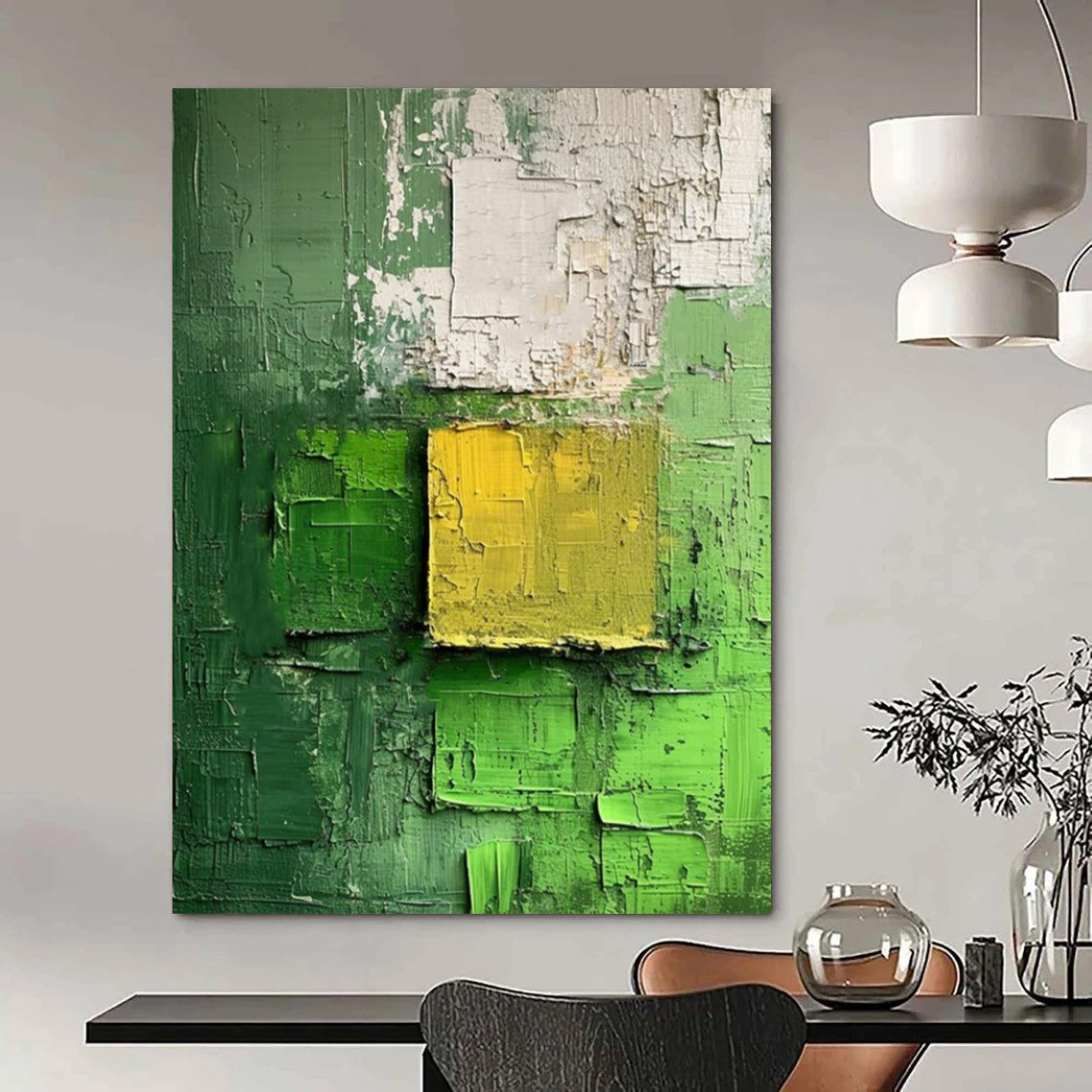 “Green - Yellow Textured Squares” - Impasto Abstract Painting On Canvas DTP029