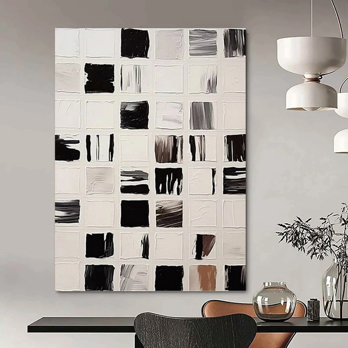 “Black and White Square Abstract - Microcosm of Color” Painting On Canvas DKH1133