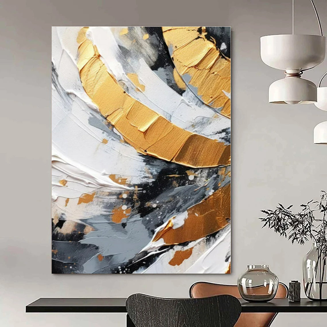 Black - White Gold Swirl - Abstract Impasto Oil Painting CT1243