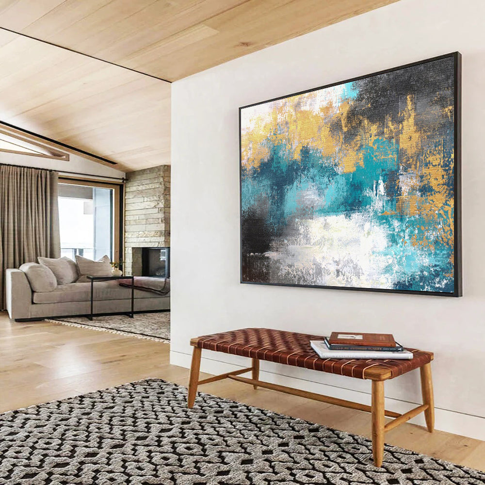 “Teal and Gold Abstract - Textured Blue - Greens and Shimmering Golds” Painting On Canvas DKH004