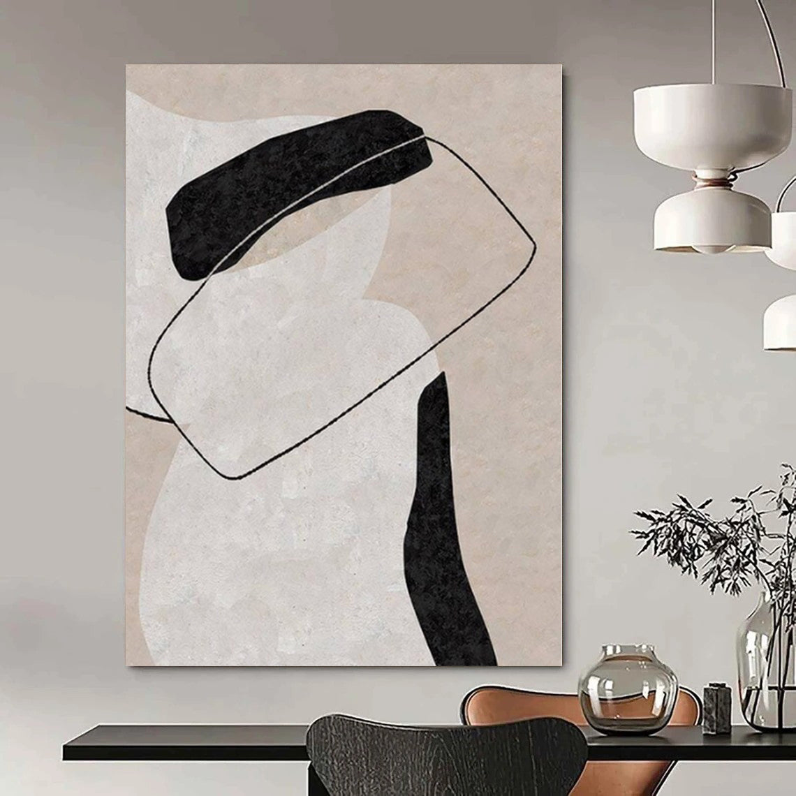 “Beige, Black, and White Interlocking Forms” – Geometric Abstract Painting(Variation) CT1122