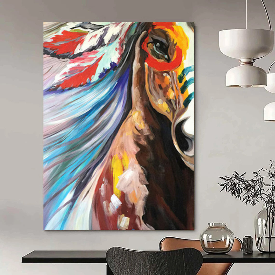 Colorful Horse with Feathered Headdress - Equine Painting On Canvas DKH1426