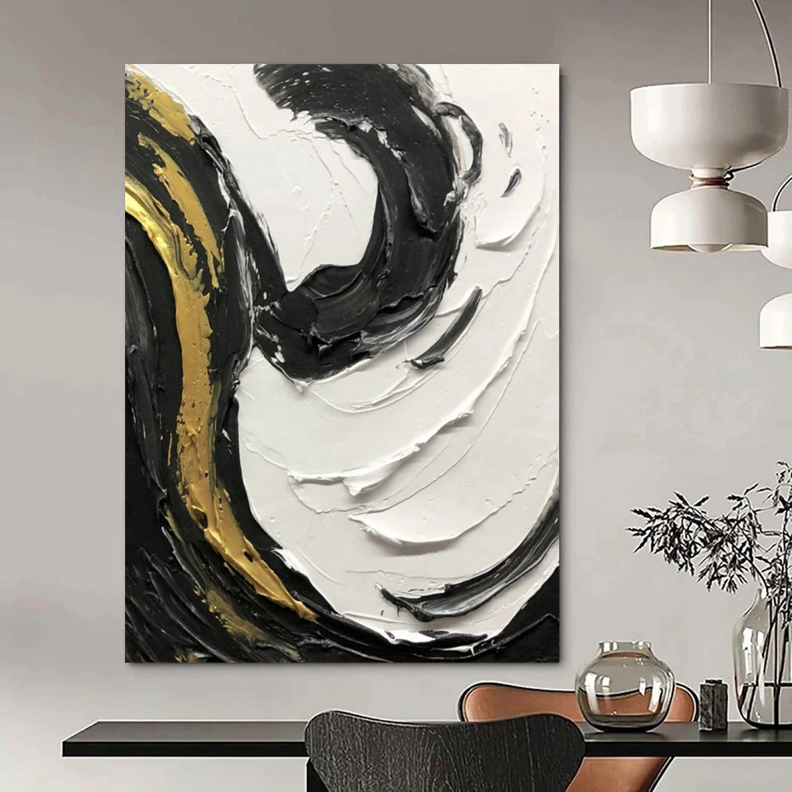 “Black, White, Gold Swirl ‘Elegant Dynamism’” - Impasto Abstract Painting On Canvas DTP381