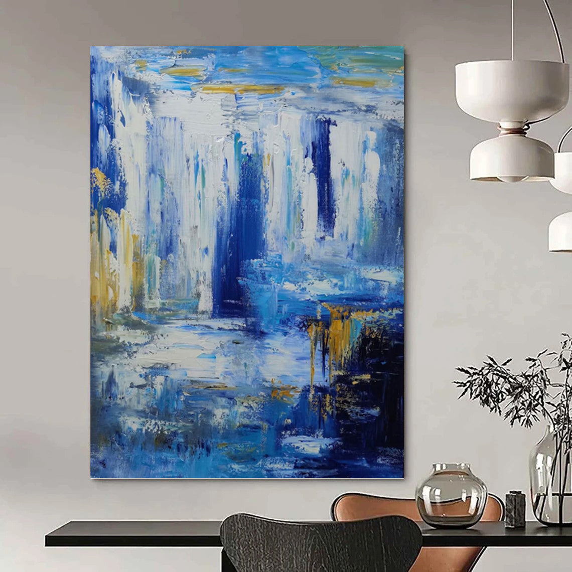 Blue and Gold Abstract Waterfall - Abstract Landscape Painting On Canvas DKH1332