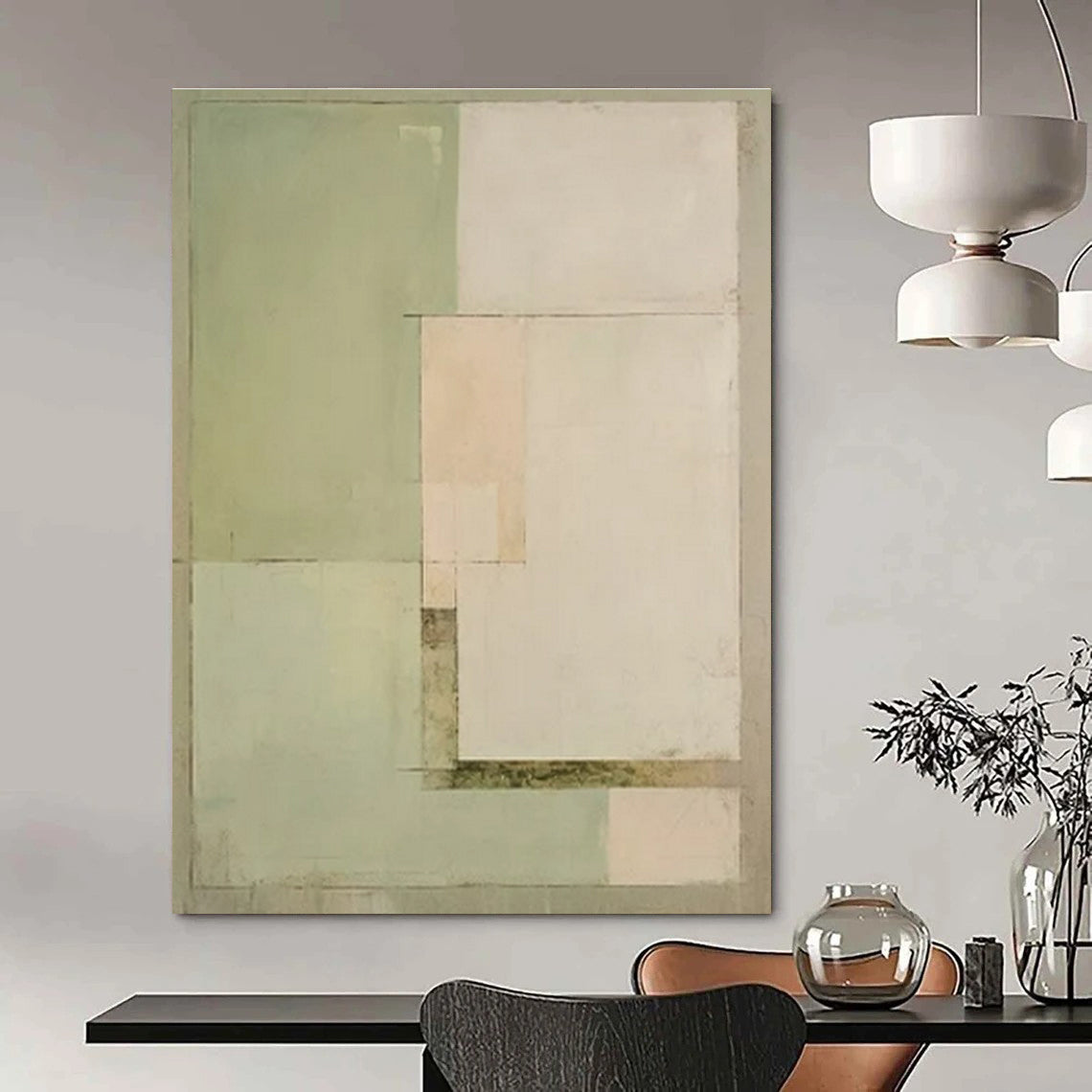 Pale Greens, Whites & Browns, Minimalist Geometry - "Quiet Harmony" - Abstract Acrylic Painting CT1443
