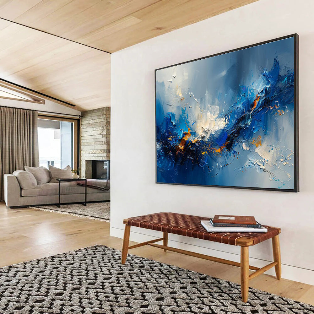“Blue Surge” - Blue, White, Orange Abstract Action Painting On Canvas DKH704