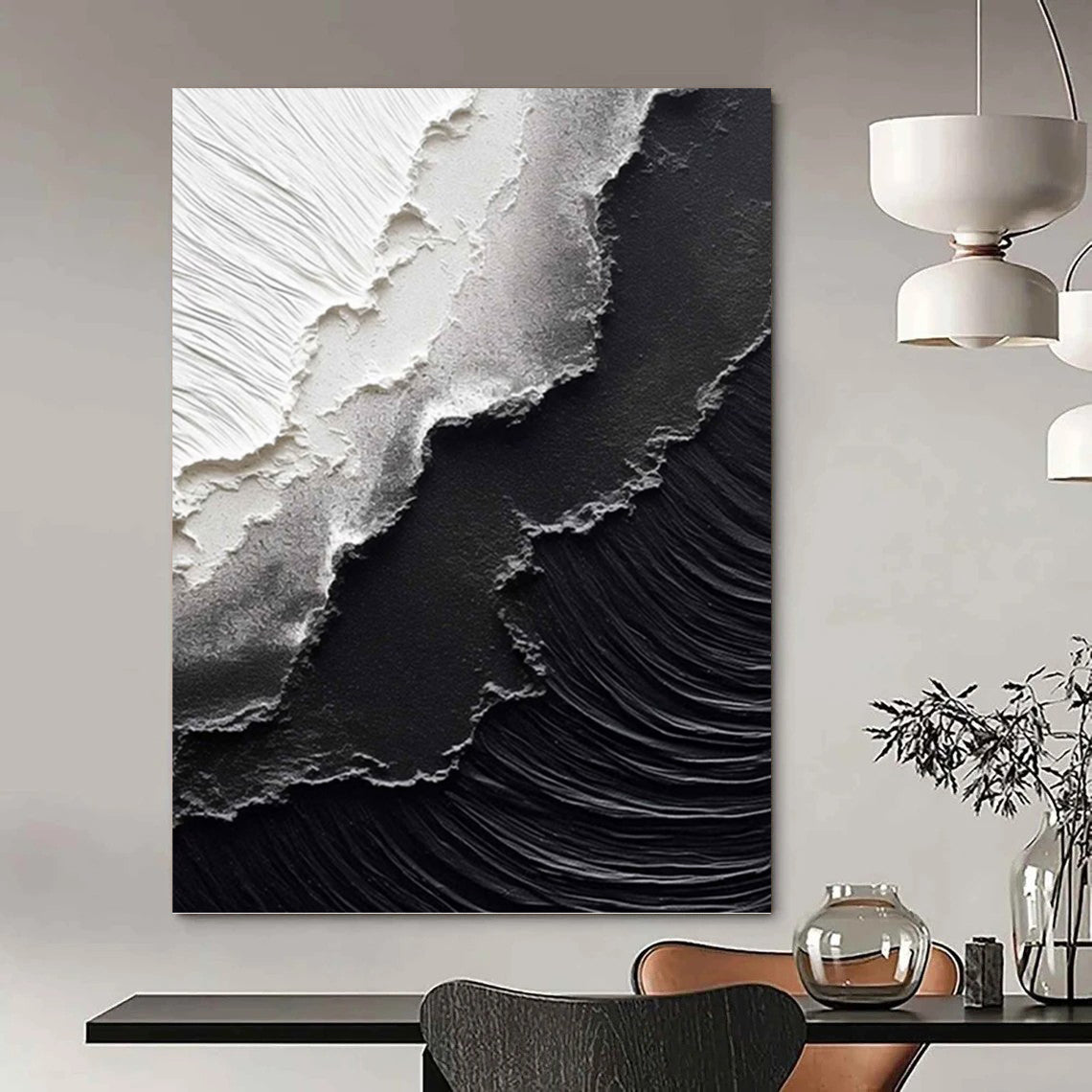 Textured Black and White Abstract Layers - Abstract Painting On Canvas DKH1475
