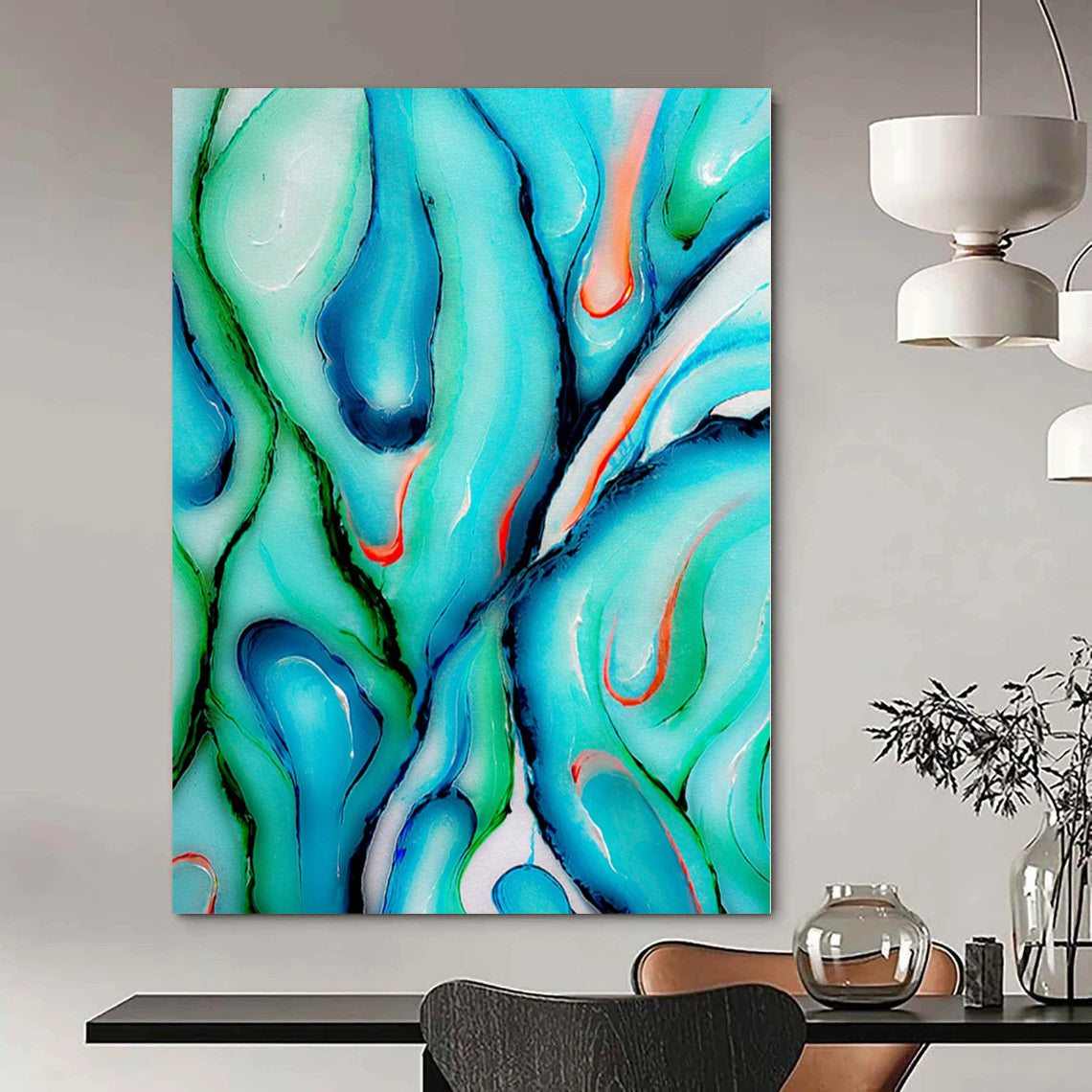Turquoise, Green, and Red Swirls - Abstract Fluid Art CT1222