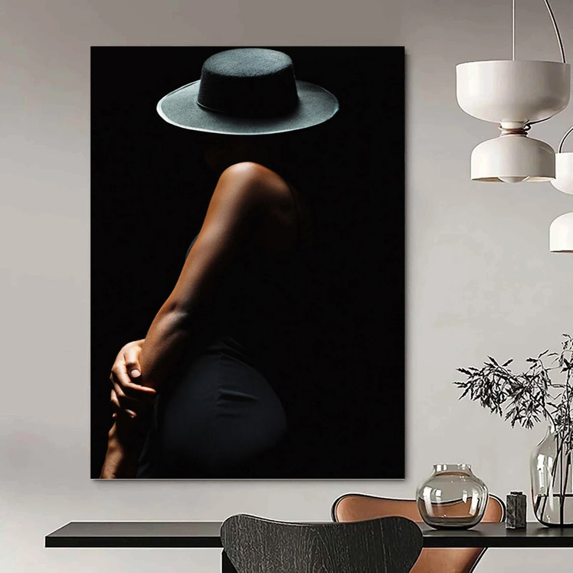 “Black Silhouette of a Woman in Hat” - Figurative Painting On Canvas DKH1606