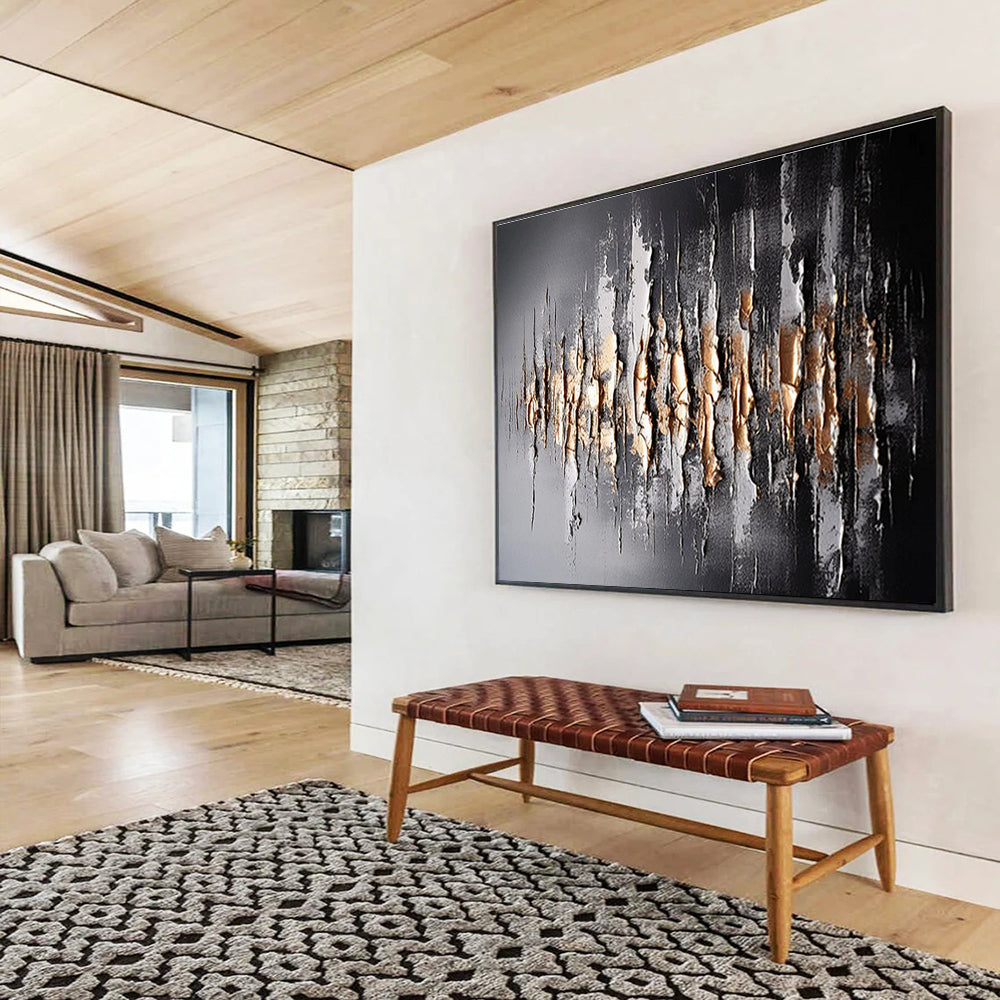 Textured Black and Gold Abstract - Vertical Strokes and Metallic Accents Painting On Canvas DKH041