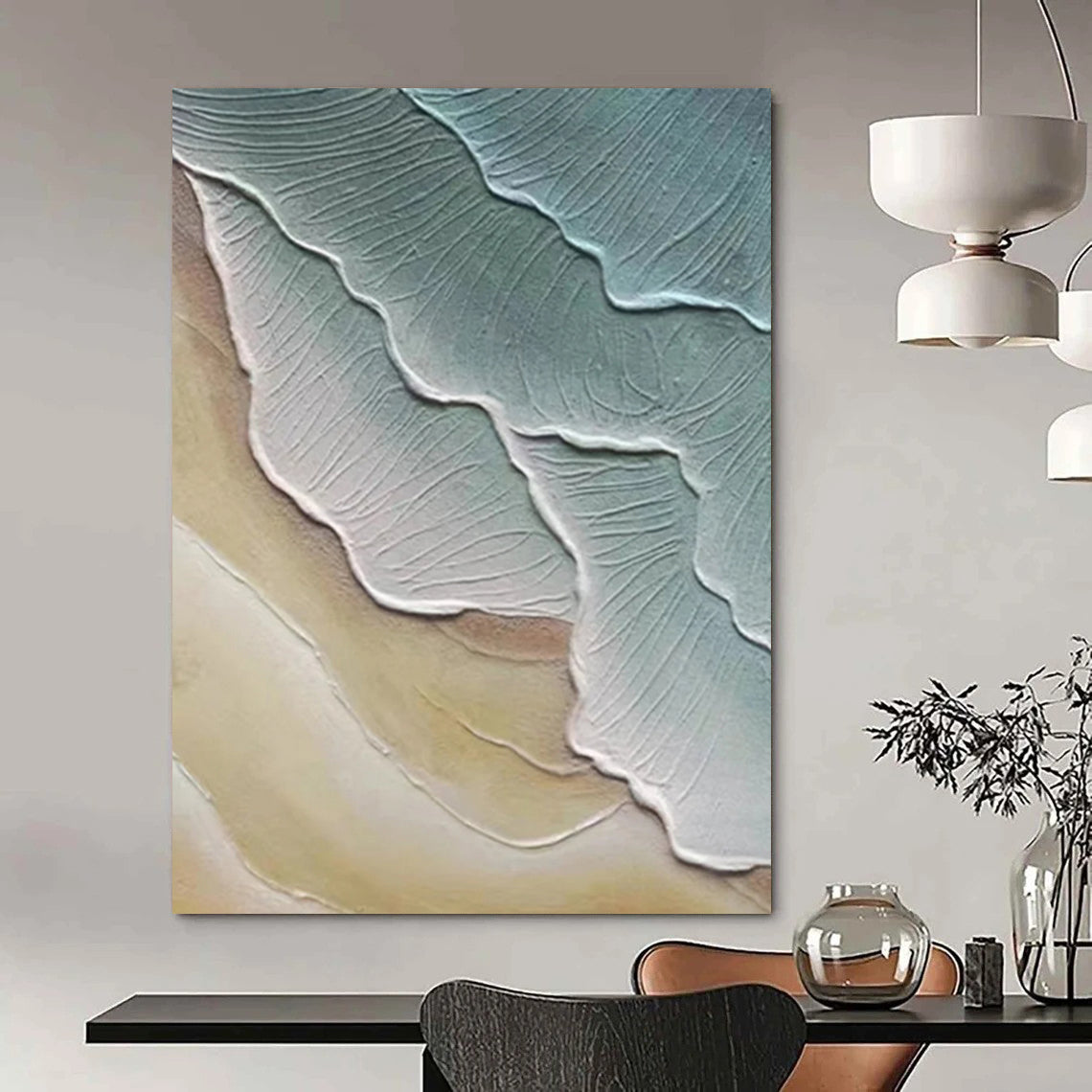 “Green, Beige Textured Layers ‘Earth’s Rhythm’” - Impasto Abstract Landscape Painting On Canvas DTP342