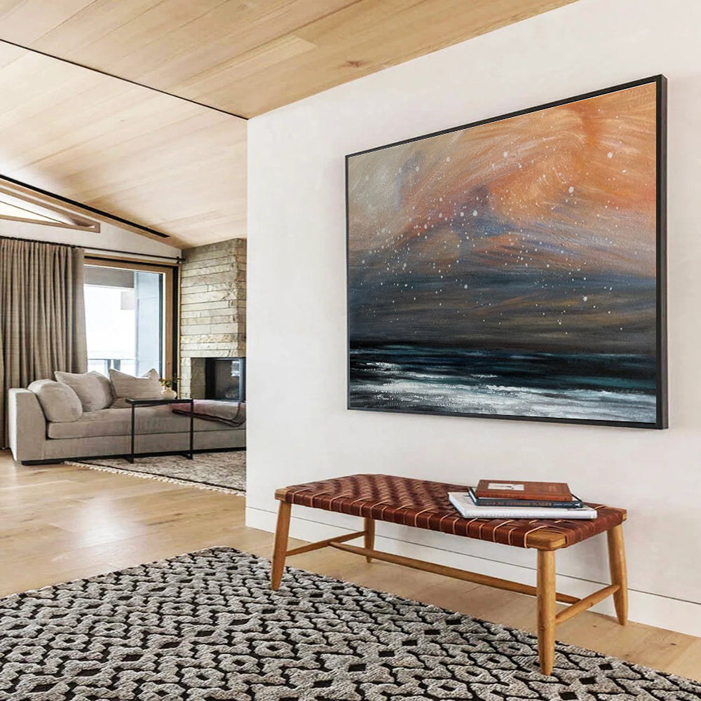 Orange and Gray Starry Shore “Dusk Sky Beach” Painting On Canvas DKH110