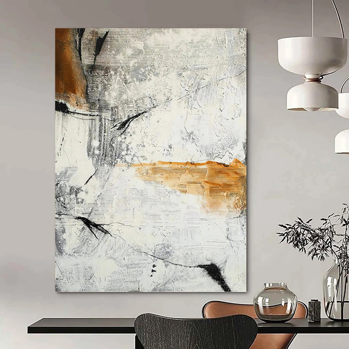 Abstract Textures in Gray, White, and Orange - Abstract Painting On Canvas DKH1438