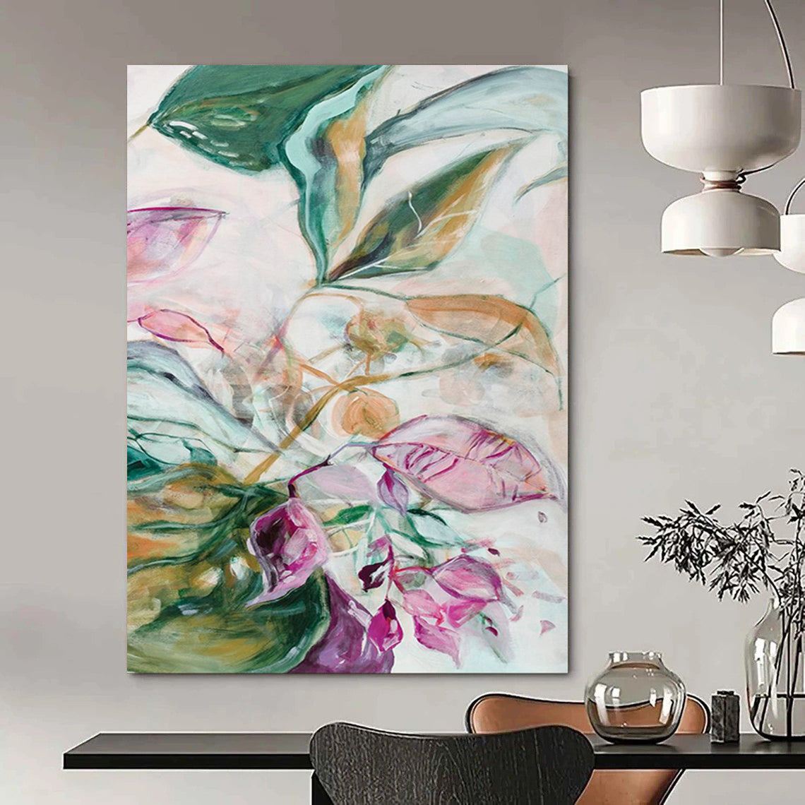 Green Foliage, Pink Petals - "Ethereal Garden" - Abstract Floral Painting CT1851