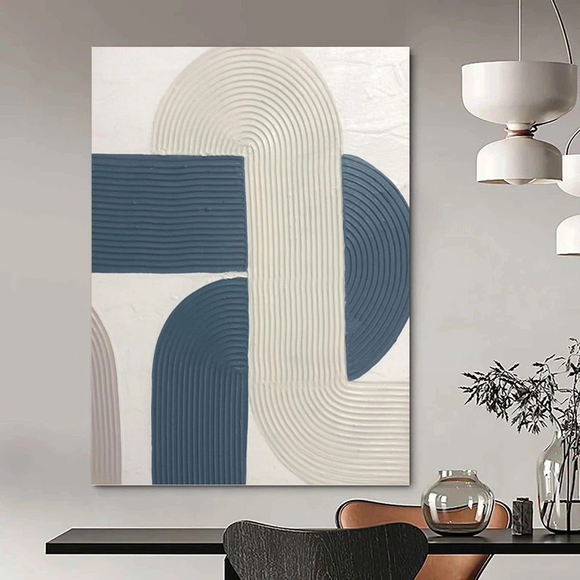 “Curved Harmony” - White & Blue Ribbon - like Shapes Painting On Canvas DKH1163