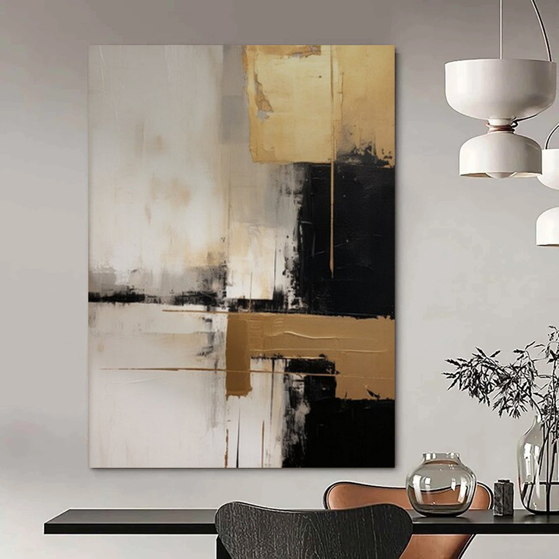 “Gold & Black Abstraction” - Metallic Abstract Painting On Canvas CT2251