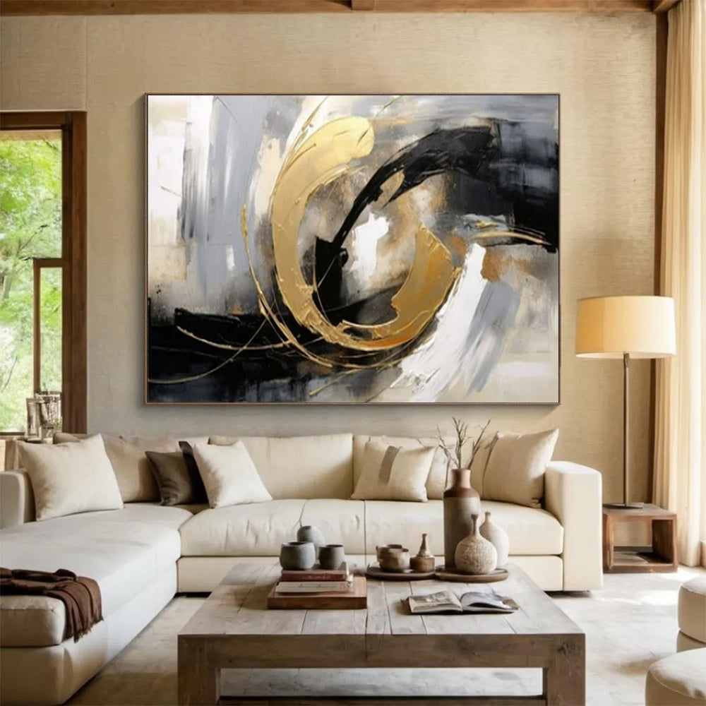 “Gold - Black Abstract Swirl” - Blacks, whites, golds; bold, textured circular abstraction CT1613
