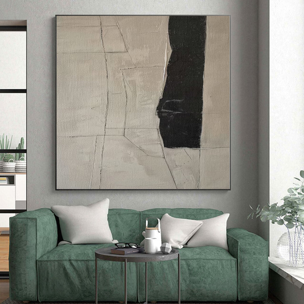 “Beige - Black Geometric Cracks” Abstract Acrylic Art CT0269