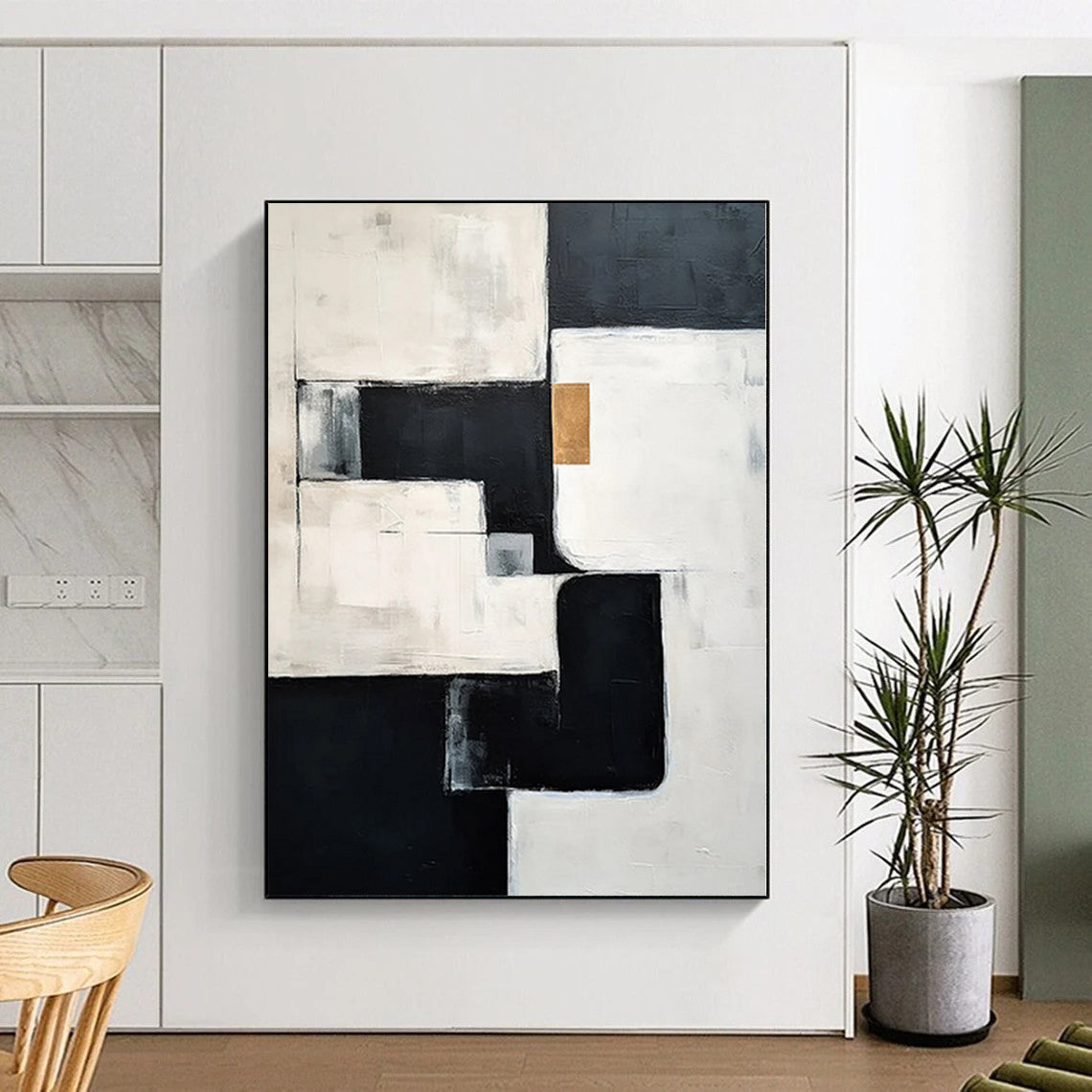 “Geometric Gold Accent” - Abstract Art with Black, White, Gray, Gold CT0082