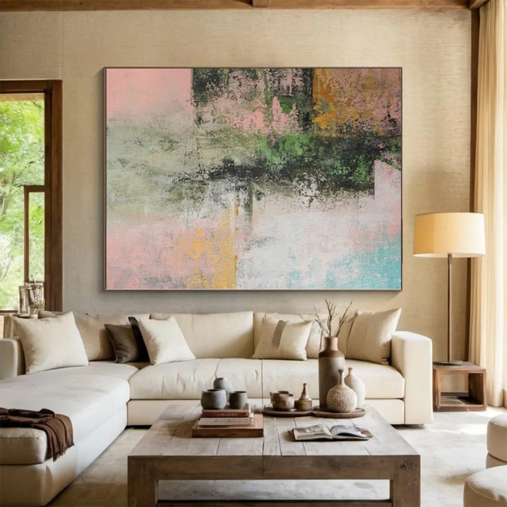“Blush & Green Fusion” - Abstract Acrylic with Pink, Green, Yellow, Blue CT0044