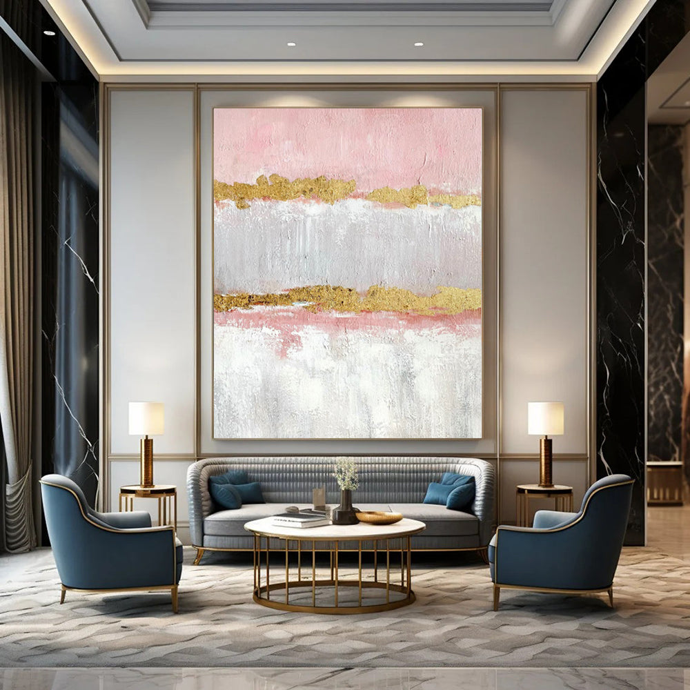 “Pink - Gray - Gold Striped Abstract” Minimalist Acrylic Art CT0207