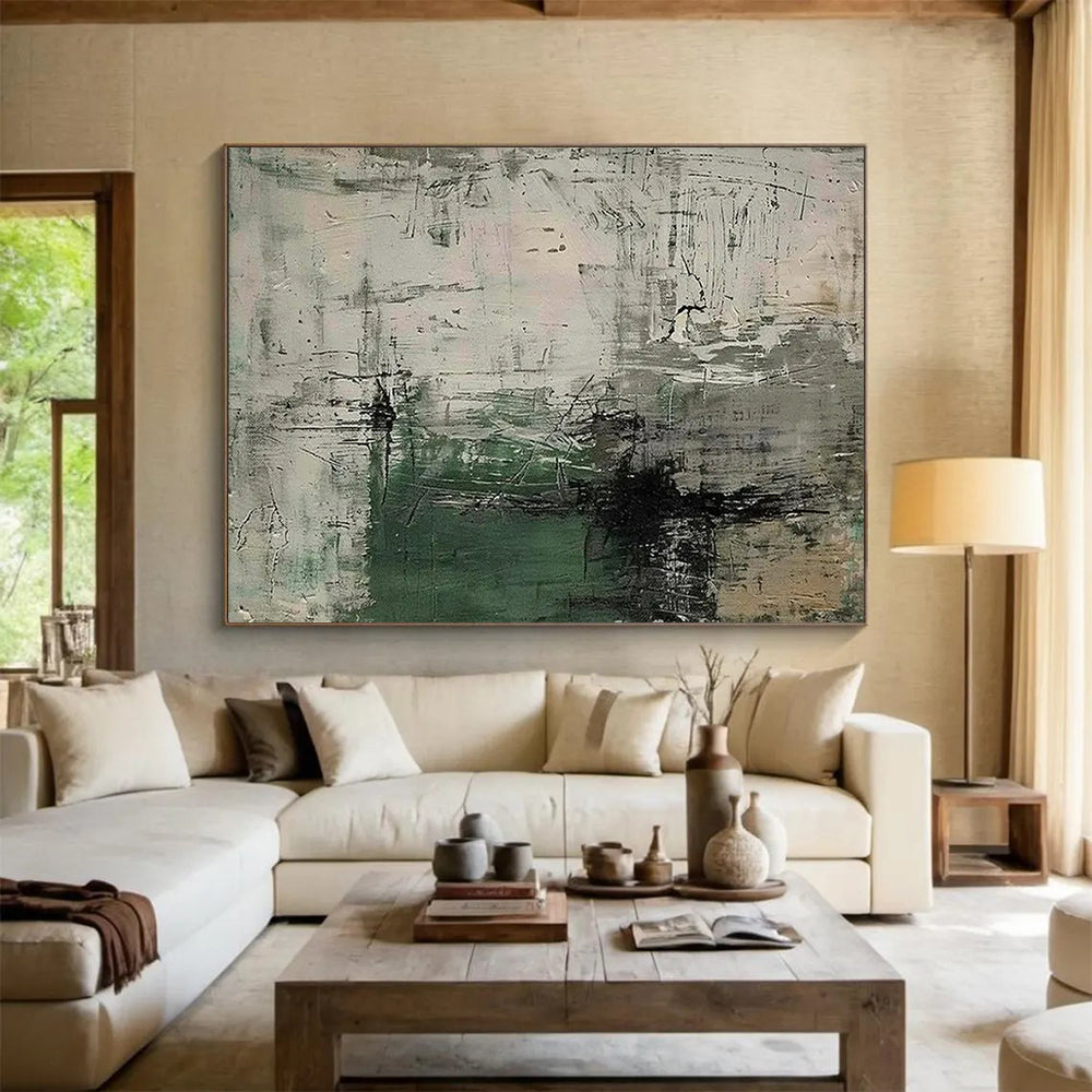 “Muted Chaos” - Gray, white, green; rough, overlapping brushstrokes CT1577