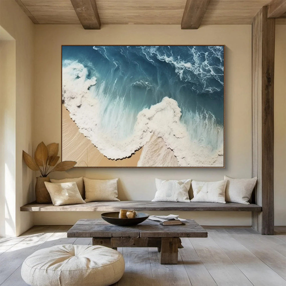 “Aerial Beach Waves” - Hues of blue, white, beige; aerial view of waves lapping against a sandy beach CT1549