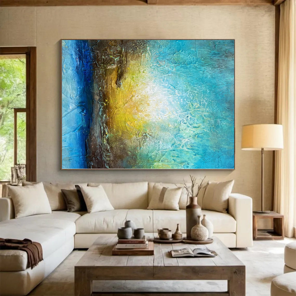 “Sunrise Textures” - Abstract Painting with Blue, Teal, Yellow, Brown CT0046