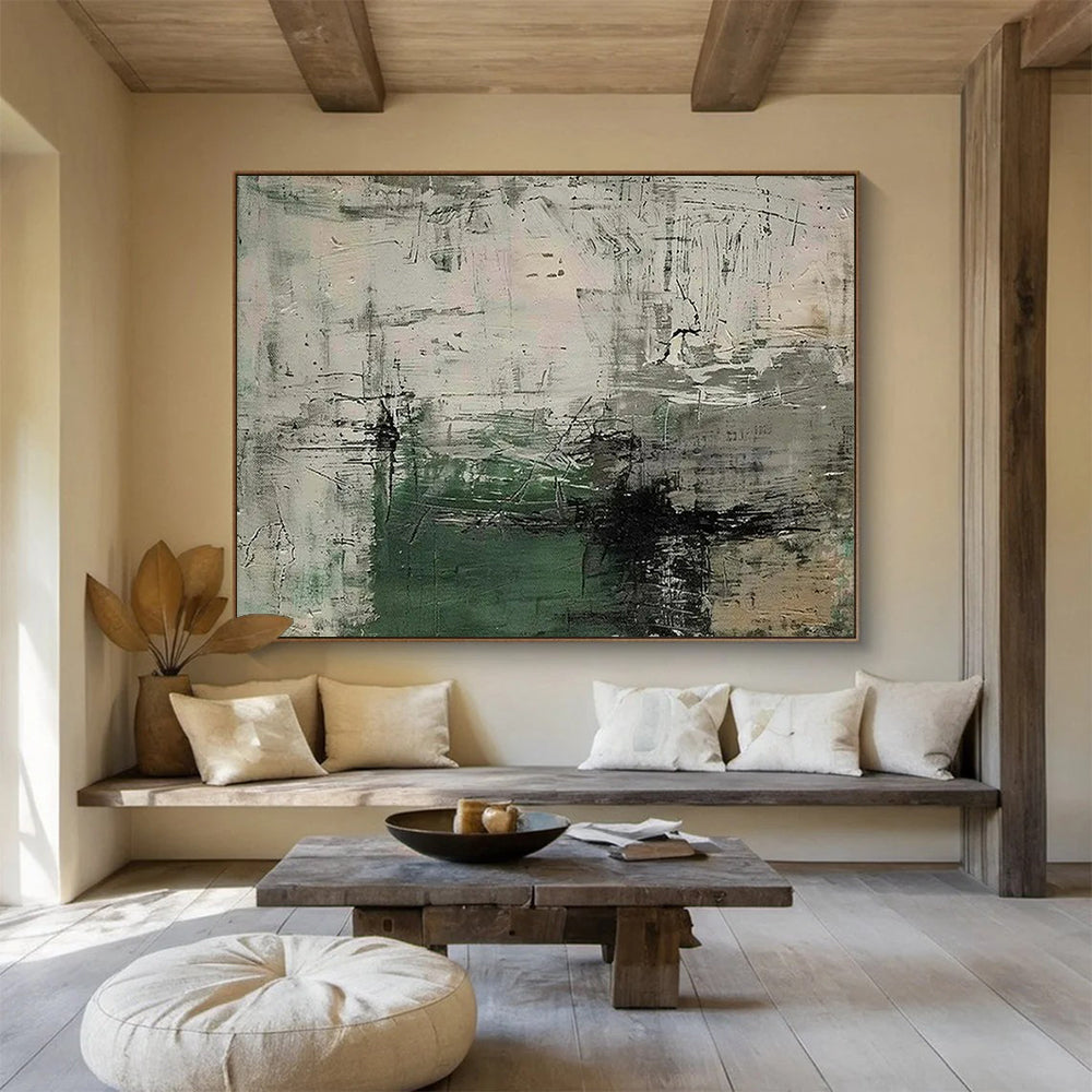 “Muted Chaos” - Gray, white, green; rough, overlapping brushstrokes CT1577