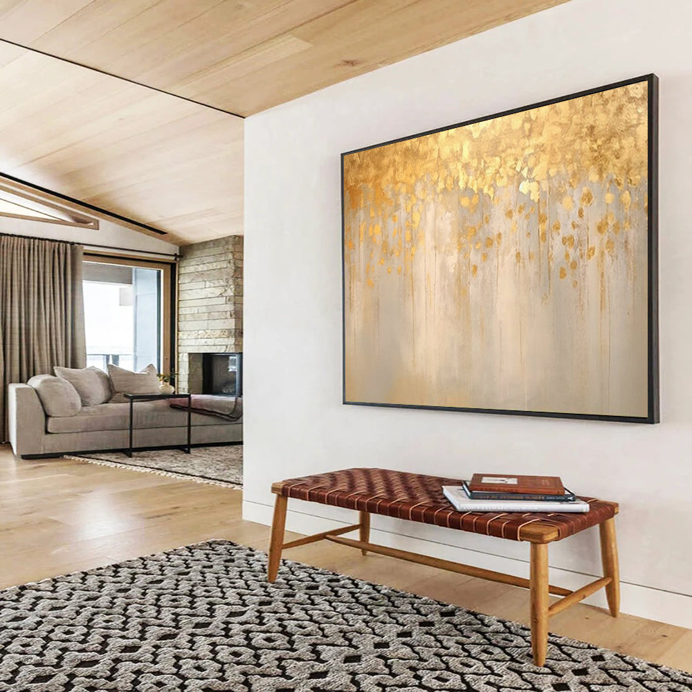 “Golden Drizzle” - Shades of gold, beige, and light gray; golden paint drips and spots on a muted background CT1535